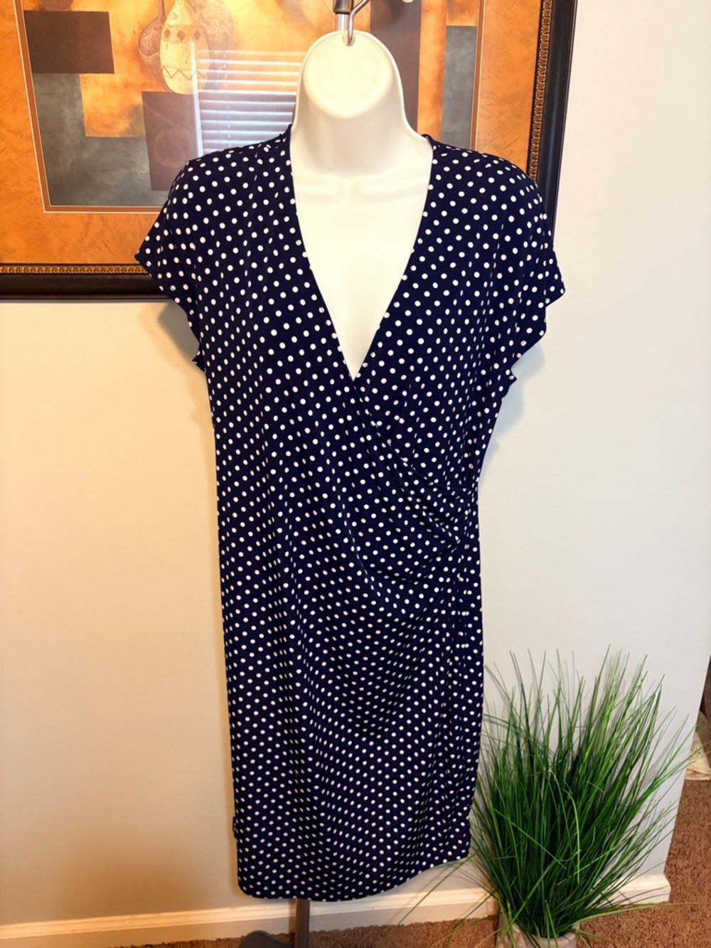 Jones New York Navy and White Polka Dot Midi Dress